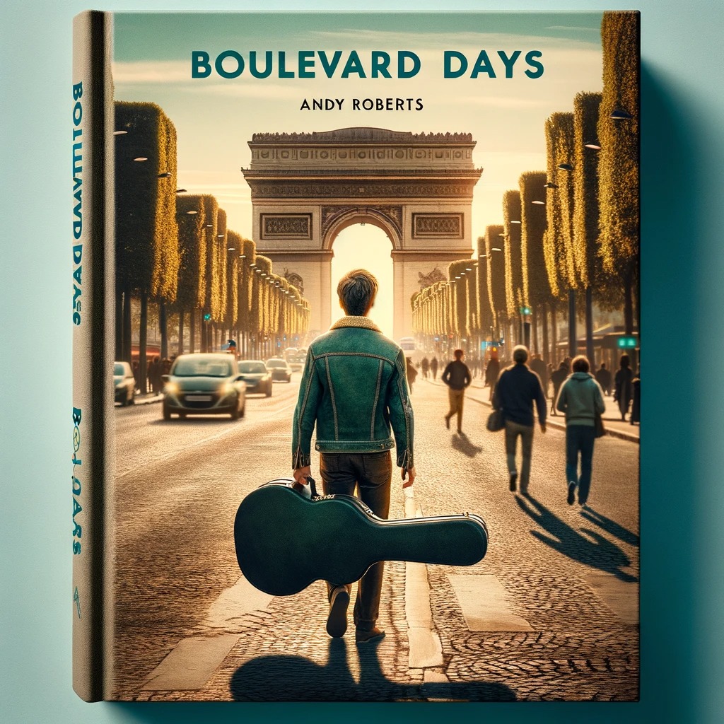 Image of a hardback book cover with a young man carrying a guitar case on the Champs Elysees, Arch de Triomph on the horizon