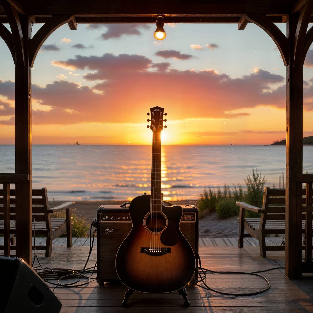 An acoustic guitar farmed in a porch with a vivid sunset over the sea as the background
